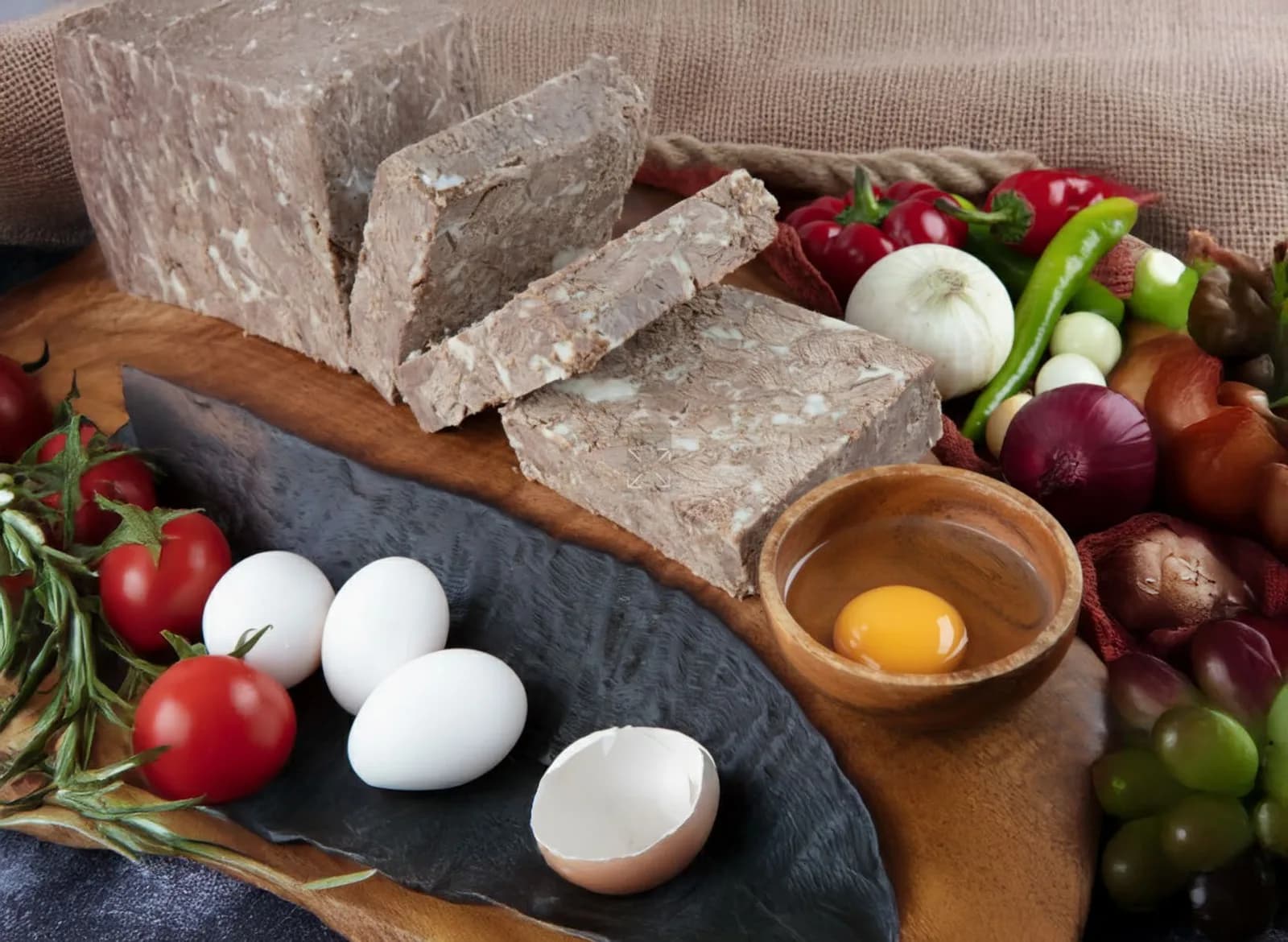 Yumurta, domates ve soğanla sunulmuş dana kavurma